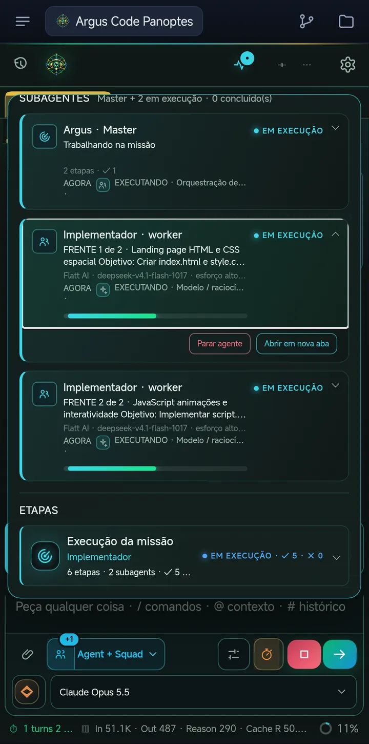 Tela do app mostrando a execução de uma missão Squad: o Master e dois workers Implementador trabalhando em paralelo