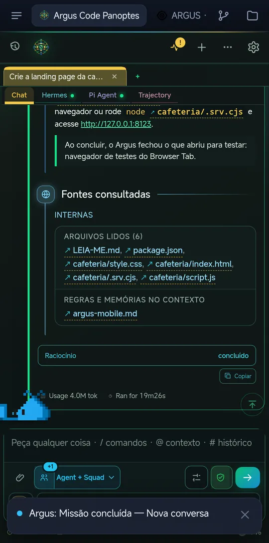 Resposta final de uma missão com fontes consultadas e arquivos lidos